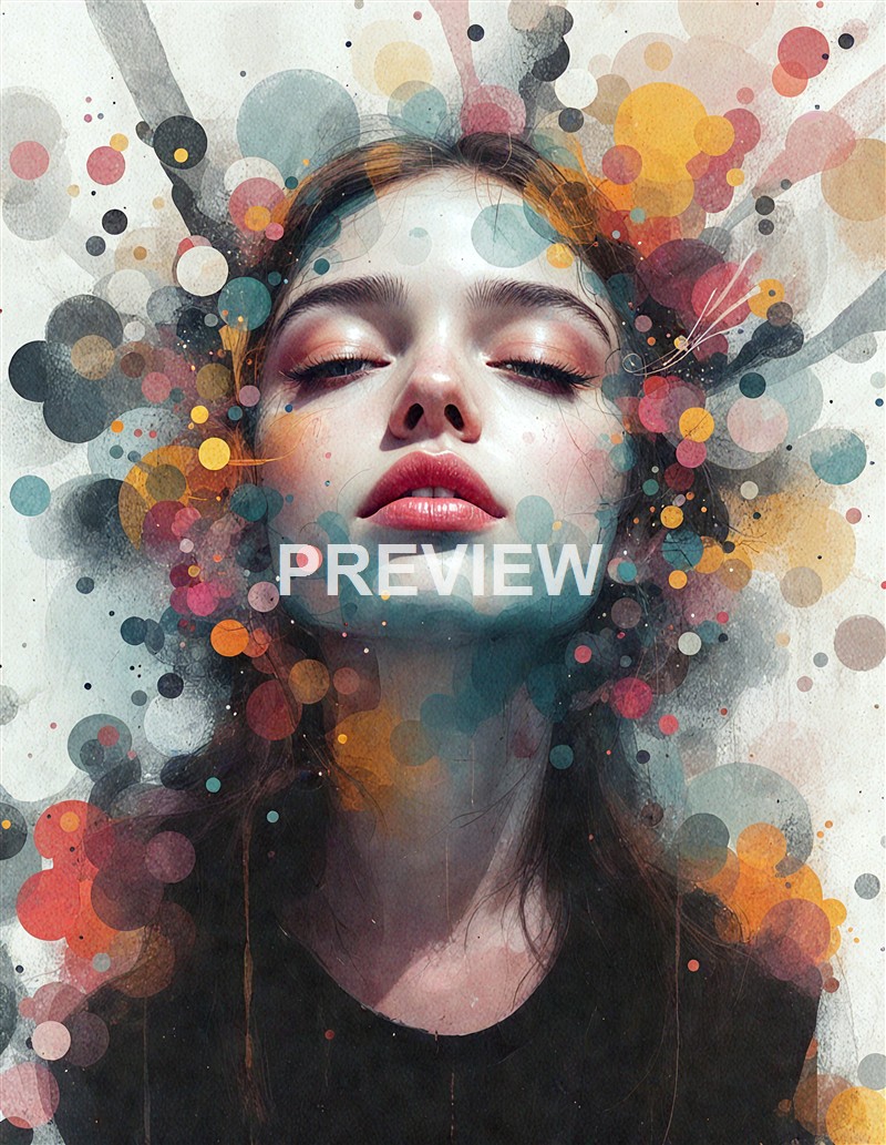 A portrait of a young woman with closed eyes, surrounded by colorful, abstract watercolor splashes and circular patterns, creating a dreamy, artistic effect.